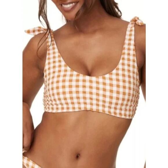 Andie Swim The Mandalay Bikini Top Gingham Brown White Medium NWT - Picture 1 of 6